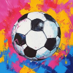 Abstract painting of a soccer ball with bright colors.