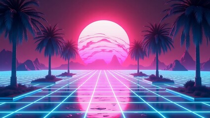 Naklejka premium Synthwave Sunset Retro Futuristic Palm Tree Paradise