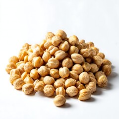 A pile of raw, uncooked chickpeas is presented with a sprig of parsley, isolated against a clean white background