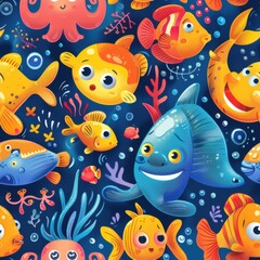 Fototapeta premium seamless underwater cartoon pattern of fish and sea creatures, soft gradients, cute faces, and bright aquatic colors