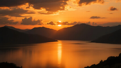 Fototapeta premium Brilliant sunset over mountains and water, casting golden light and deep shadows in ultra-detailed cinematic realism.