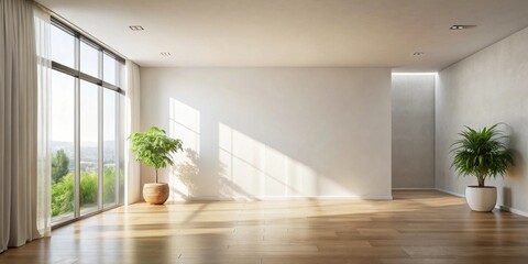Bright Sunlight Illuminates a Modern Room with Hardwood Floors and Potted Plants