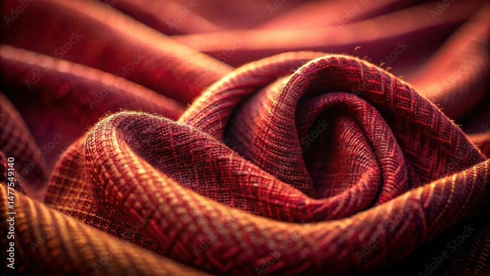 Poster intricate crimson textile draped in soft, warm light, displaying rich texture and subtle pattern det