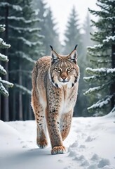 Obraz premium Majestic Lynx Walking Through Snowy Forest