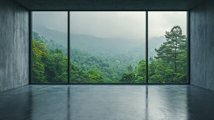 Fototapeta premium Minimalist room with panoramic mountain view.
