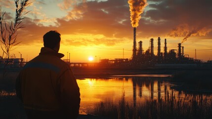 Fototapeta premium Man watches industrial complex silhouette at sunset. Use for environment, energy, or industrial project needs.