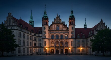 Fototapeta premium City Hall Building Lit Up at Dusk with Architectural Details