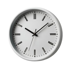 A simple, white, round wall clock is isolated on a white background