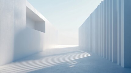 Minimalist white architecture, sunlit interior space with geometric shapes and shadows.