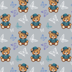 Pattern with teddy bears and butterflies.Vector seamless pattern with teddy bears on a gray background with colorful butterflies.