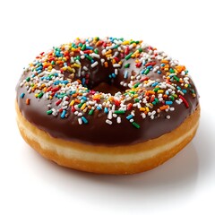 A single chocolate glazed donut covered in sprinkles is isolated on a white background