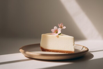 Delicate cheesecake slice with edible flower minimalist setting food photography soft light aesthetic dessert