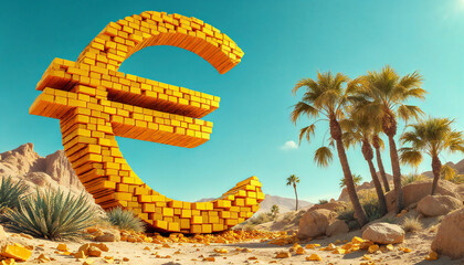 Giant golden euro symbol made of gold bars in desert landscape with palm trees.