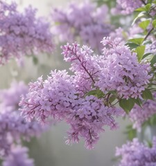 Fototapeta premium Soft, pastel lilac blossoms, blurred background, field, design, close-up