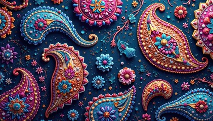 Fototapeta premium Intricate paisley pattern in vibrant jewel tones, decorative, vintage, surface