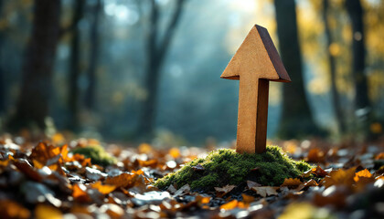 A wooden arrow pointing upwards amidst a forest floor, a symbol of growth and progress against the backdrop of a vibrant forest.