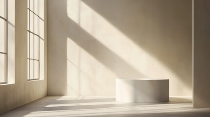 Fototapeta premium Minimalist interior with sunlight illuminating a white cylindrical pedestal.