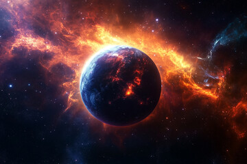 Fiery Celestial Body in Nebula  Orange and Blue Hues in a Dark Space Background