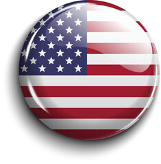 Glossy round icon with the USA flag. Red, blue and white button with 3D shine, symbolizing patriotism and national identity. Great for UI, apps, infographics, and global content.