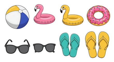 Fototapeta premium Summer Vacation Beach Items Collection Beach Ball Sunglasses and Floaties
