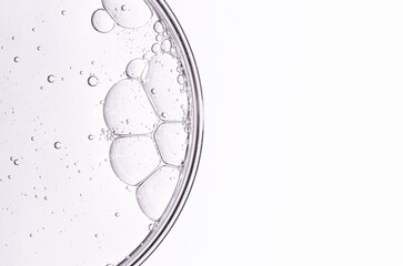 Cosmetic moisturizing gel or skin serum in a petri dish. Copy space