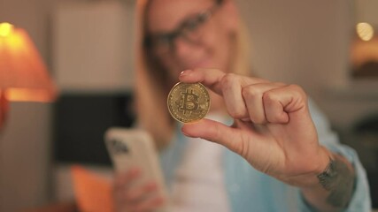 Confident businesswoman engaging with bitcoin and smartphone, demonstrating cryptocurrency investment potential and digital financial innovation.Successful trading, cryptocurrency, crypto currency, - Powered by Adobe