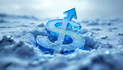 A gleaming dollar sign rises powerfully from a snowy landscape, symbolizing the growth and strength of the financial world. 