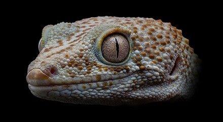 Fototapeta premium Close-up Gecko Head with Detailed Scales and Unique Eye on Dark Background