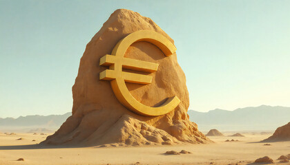 A monumental symbol of the Euro currency, elegantly carved into a towering rock formation, stands as a powerful emblem of financial stability against a stark desert backdrop.