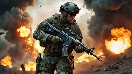 Armed soldier in full tactical gear running through battlefield with assault rifle as massive explosions erupt in background during combat scene

 - Powered by Adobe
