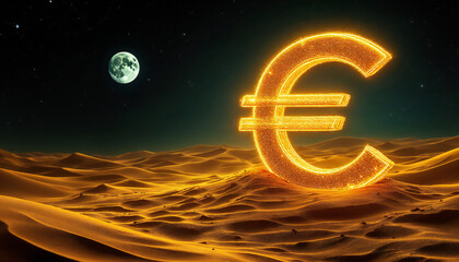 A glowing euro sign against a surreal desert landscape at night, capturing the concept of global finance, economic, and business. 