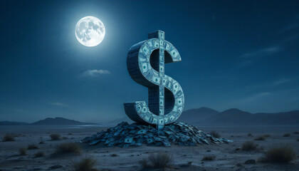 Dollar sign monument under moonlight in desert