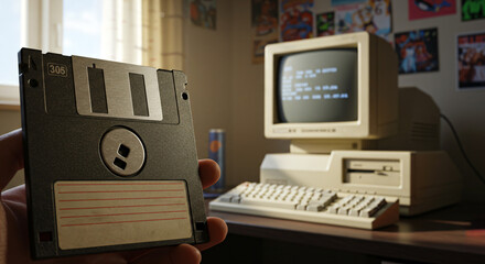 A retro computer setup featuring a floppy disk handled in the foreground, evoking nostalgia for vintage technology and computing from a past era.
