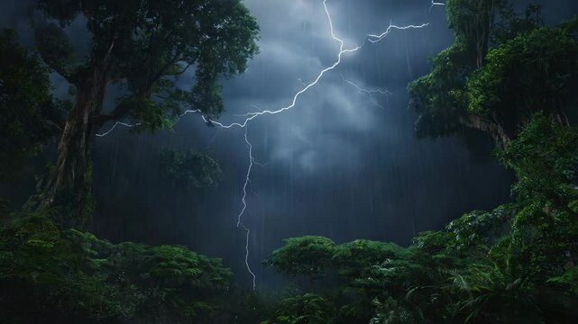Dramatic scene of lightning strikes illuminating dense lush jungle during a powerful thunderstorm with heavy rain.