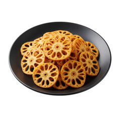 Crispy fried lotus root slices served on a black plate, showcasing a delicious snack
