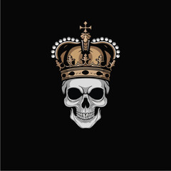 A dark, gothic-style illustration of a human skull wearing a royal crown, symbolizing death, power, and authority.

