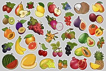 Stickers with fruits and berries.Large vector set of stickers and decals with bright berries and fruits. Perfect for transparent tape and scrapbooking.