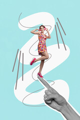 Banner graphics collage of person stand listen music on finger pointing over blue background