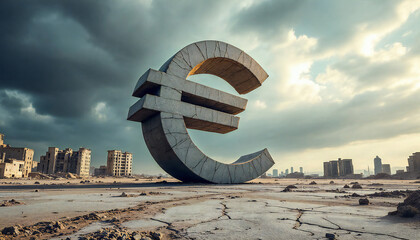 Euro Symbol Stands Defiantly Amidst Ruins, A Powerful Visual Commentary on Economic Challenges.
