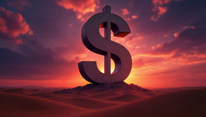 A giant dollar sign, silhouetted against a dramatic sunset, representing wealth and prosperity. The striking visual evokes themes of finance, investment, and the global economy.
