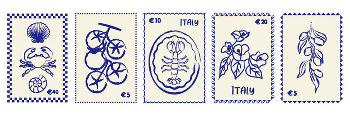 Mediterranean stamp card design. Vintage Italian print with seafood, tomatoes, flowers, and olive motifs. retro frame design for postcards, , packaging, menus, wall art and invitation cards.