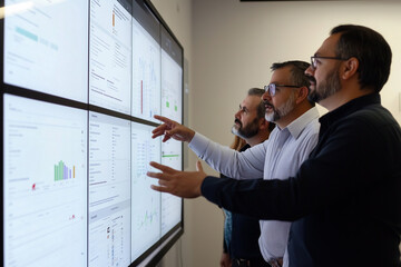 Four Business Professionals Collaborate Analyzing Data On A Large Screen In A Modern Office