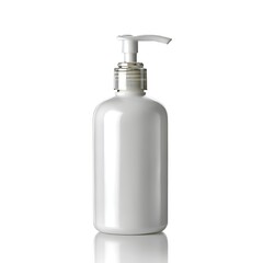 A white, unlabeled plastic bottle with a pump dispenser is isolated against a clean white background