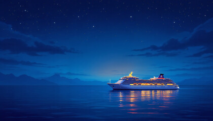 An illuminated cruise ship glides serenely across the dark ocean under a starry night sky, offering a captivating view of nautical beauty.