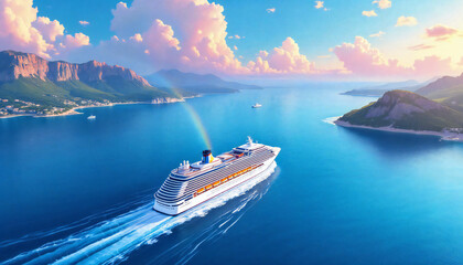 A majestic cruise ship sails across a tranquil expanse of azure waters, navigating toward a breathtaking panorama of verdant islands and rolling hills beneath a sky painted with pastel hues.