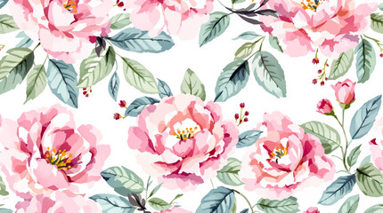 Obraz premium Seamless pattern watercolor background pattern pink pions flowers on white background 