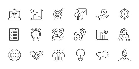 Explore a versatile collection of effective line icons ideal for startup themes and business launches. Perfect for enhancing presentations and web design for a polished, professional appearance