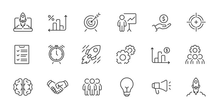 Explore a versatile collection of effective line icons ideal for startup themes and business launches. Perfect for enhancing presentations and web design for a polished, professional appearance