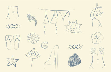 set of hand drawn summer elements. Woman body, bikini, sea, seashell, shell, sun, orange, flower, fish