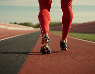 Athletic man in red leggings running on a deserted track during the golden hour.